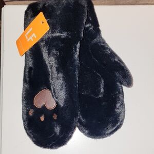 LF Black Furry Mittens with Brown Paw Design